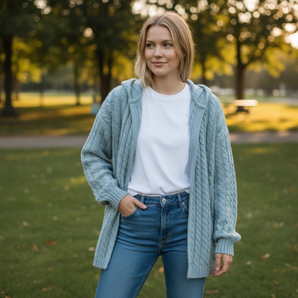Autumn Cashmere Blue Cable Knit Hooded Cardigan 100% Cashmere Large